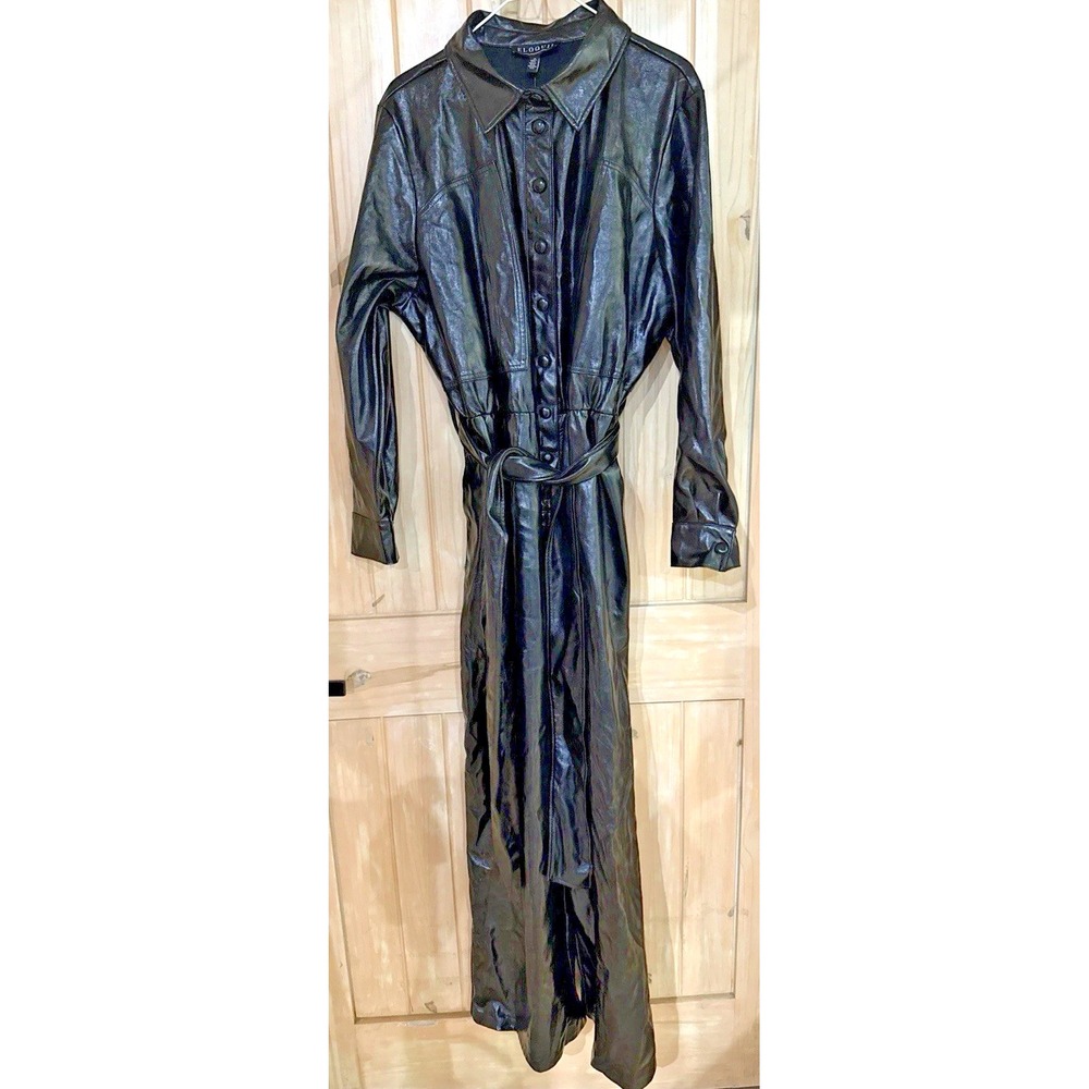 NWT ELOQUII Size 20 Black Faux Leather Belted Shirt Dress Long Sleeve Plus